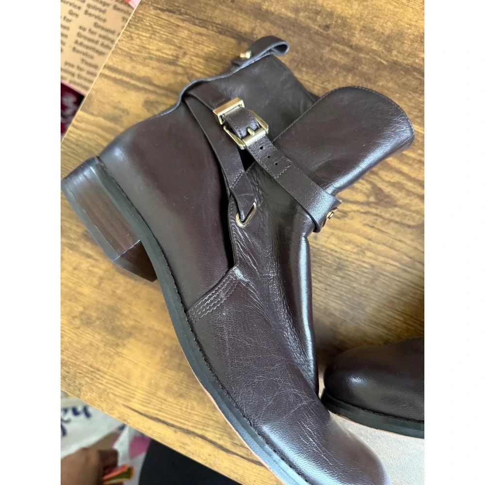 Michael Kors Arley Brown Leather Ankle Boots Size 10M Gold Hardware Moto